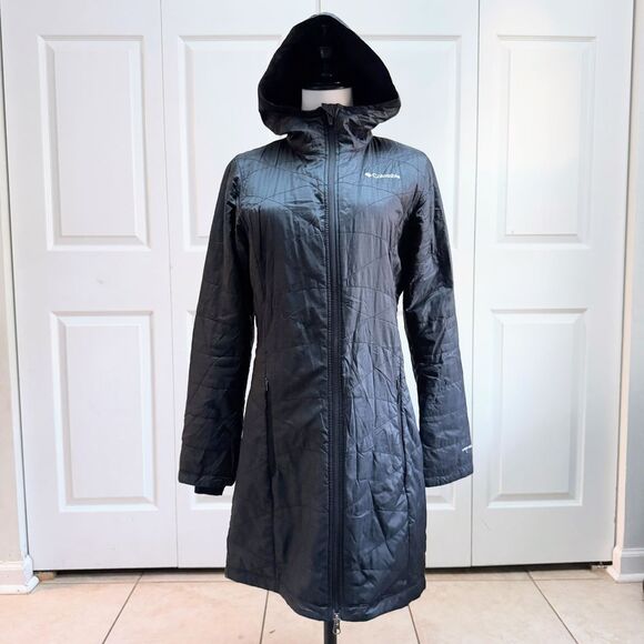 Columbia | Omni Heat Full Zip Black Hooded Puffer‎ Trench Parka Jacket, S - Picture 1 of 13